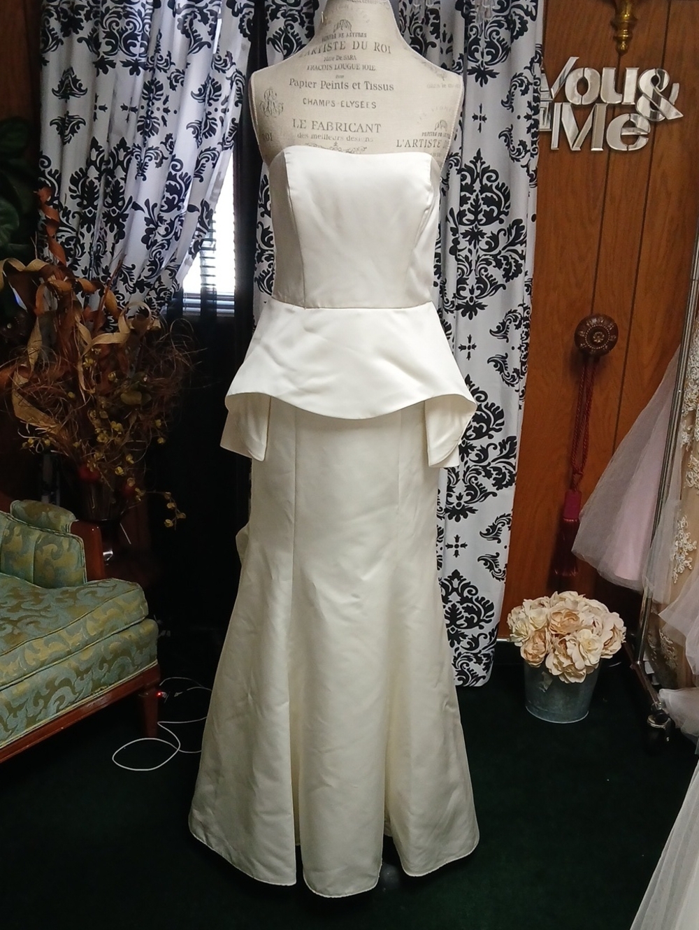 David's Bridal Ivory Strapless Peplum Fit-and-Flare Gown